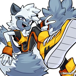 Size: 2000x2000 | Tagged: safe, artist:hoezayburger, tangle the lemur, lemur, 2026, female, from below, looking at viewer, mouth open, open smile, outline, redraw, simple background, smile, solo, treads, v sign, white background, white outline