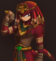 Size: 1877x2048 | Tagged: safe, artist:monti_lop_, knuckles the echidna, echidna, 2026, alternate outfit, brown background, flexing, lidded eyes, looking at viewer, male, simple background, solo, standing