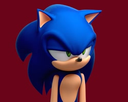 Size: 1077x860 | Tagged: safe, artist:ltm_business_, sonic the hedgehog, 2026, 3d, frown, lidded eyes, looking offscreen, red background, simple background, solo, sonic is not amused, unamused