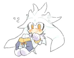 Size: 1227x969 | Tagged: safe, artist:nangnamul623, silver the hedgehog, 2026, blushing, cute, hand on knee, looking offscreen, silvabetes, simple background, sitting, smile, solo, white background