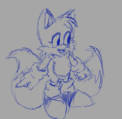 Size: 675x653 | Tagged: safe, artist:tripwiretails, oc, oc:blails the fox, fox, 2026, clenched fist, eyelashes, grey background, line art, looking offscreen, monochrome, not tails, ocbetes, simple background, sketch, smile, solo, two tails