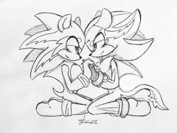Size: 2919x2191 | Tagged: safe, artist:instantlovo, shadow the hedgehog, sonic the hedgehog, 2026, blushing, duo, fur markings, gay, grey background, holding hands, kneeling, lidded eyes, line art, long tail, looking at each other, monochrome, shadow x sonic, shipping, signature, simple background, smile