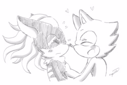 Size: 3961x2660 | Tagged: safe, artist:esbelle, gadget the wolf, infinite the jackal, 2018, cute, duo, eyes closed, frown, gadgebetes, gay, heart, holding them, infinibetes, line art, monochrome, mouth open, nose boop, noses are touching, open smile, rookinite, shipping, signature, simple background, smile, white background
