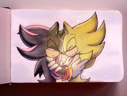 Size: 2999x2250 | Tagged: safe, artist:esbelle, shadow the hedgehog, sonic the hedgehog, super sonic, 2019, absurd res, clenched teeth, duo, eyes closed, gay, holding each other, lidded eyes, looking at them, shadow x sonic, shipping, smile, standing, super form, traditional media, watercolor