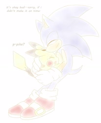 Size: 2550x3091 | Tagged: safe, artist:esbelle, sonic the hedgehog, hedgehog, 2018, comforting, crossover, crying, dialogue, duo, english text, eyes closed, hugging, mouth open, pikachu, pokemon, simple background, smile, tears, tears of sadness, text, white background
