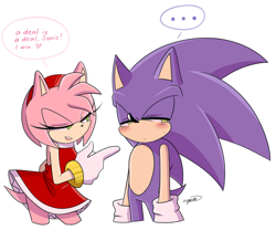 Size: 2480x2060 | Tagged: safe, artist:esbelle, amy rose, sonic the hedgehog, hedgehog, ..., 2018, amy x sonic, blushing, dialogue, duo, english text, frown, lidded eyes, mouth open, open smile, pointing, pointing at them, shipping, signature, simple background, smile, sonic is not amused, speech bubble, straight, text, unamused, white background