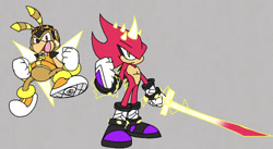 Size: 750x411 | Tagged: safe, artist:calebartboy15, charmy bee, espio the chameleon, 2022, blade, clenched fists, duo, electricity, flat colors, flying, frown, grey background, holding something, horns, looking at viewer, mid-air, mouth open, open smile, simple background, smile, standing, super charmy, super espio, super form, sword, weapon