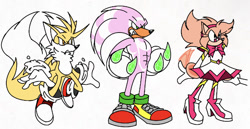 Size: 750x388 | Tagged: safe, artist:calebartboy15, amy rose, knuckles the echidna, miles "tails" prower, super knuckles, super tails, 2024, clenched fists, clenched teeth, dress, flat colors, flying, frown, fur markings, looking offscreen, mid-air, no mouth, redesign, simple background, standing, super amy, super form, trio, white background