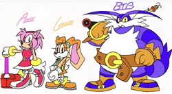 Size: 749x409 | Tagged: safe, artist:calebartboy15, amy rose, big the cat, cream the rabbit, 2022, :<, brown nose, character name, cute, fishing pole, flat colors, frown, fur markings, hands together, holding something, looking at viewer, mouth open, open smile, piko piko hammer, redesign, simple background, smile, smiling at viewer, standing, team rose, text, trio, white background, wink, winking at viewer, yellow sclera