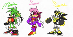 Size: 750x380 | Tagged: safe, artist:calebartboy15, shard the metal, sonia the hedgehog, hedgehog, 2022, brother and sister, character name, clenched fists, clenched teeth, flat colors, looking at viewer, manic the hedgehog, redesign, robot, siblings, simple background, smile, smiling at viewer, text, thumbs down, thumbs up, trio, v sign, white background, wink, winking at viewer