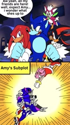 Size: 988x1764 | Tagged: safe, artist:calebartboy15, amy rose, chip, knuckles the echidna, metal sonic, shadow the hedgehog, sonic the hedgehog, sonic unleashed, 2026, comic, dialogue, english text, fight, flying, frown, group, hugging, mid-air, nighttime, outdoors, robot, screenshot background, sharp teeth, smile, sonic the werehog, speech bubble, standing, text, were form, werehog