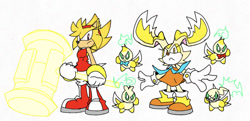 Size: 750x364 | Tagged: safe, artist:calebartboy15, amy rose, cheese (chao), cream the rabbit, chao, 2022, dark chao, duo focus, flat colors, flying, frown, group, hero chao, holding something, looking at viewer, mid-air, neutral chao, piko piko hammer, simple background, standing, super amy, super cream, super form, white background