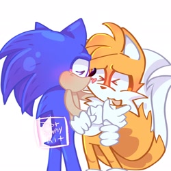 Size: 2048x2048 | Tagged: safe, artist:justsimplykit, miles "tails" prower, sonic the hedgehog, 2026, age difference, cute, duo, eyes closed, gay, heart, holding each other, kiss, kiss on cheek, shipping, signature, simple background, smile, sonabetes, sonic x tails, standing, tailabetes, white background