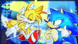 Size: 1884x1059 | Tagged: safe, artist:yoviana_723, miles "tails" prower, sonic the hedgehog, 2026, abstract background, age difference, duo, eyes closed, gay, looking at them, pointing, shipping, smile, sonic x tails