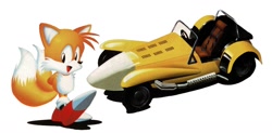 Size: 1280x629 | Tagged: safe, miles "tails" prower, car, classic tails, looking at viewer, official artwork, simple background, smile, solo, sonic drift 2, white background