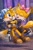 Size: 1024x1536 | Tagged: safe, ai art, miles "tails" prower, nine, sails, sonic prime, 2026, abstract background, blushing, bow, duo, hair bow, hugging, looking at them, mouth open, one eye closed, open smile, prompter:tailsfantoo, self paradox, smile