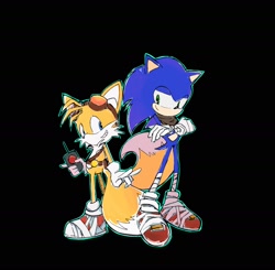 Size: 1832x1794 | Tagged: safe, artist:a_ktang2159, miles "tails" prower, sonic the hedgehog, 2026, age difference, arms folded, black background, devil horns (gesture), duo, gay, holding something, looking at each other, outline, pointing, remote controller, shipping, simple background, smile, smiling at each other, sonic boom (tv), sonic x tails, standing, traced