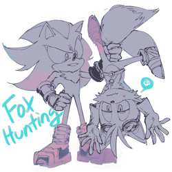 Size: 897x897 | Tagged: safe, artist:_jam_toast, miles "tails" prower, shadow the hedgehog, 2026, duo, english text, flat colors, frown, hand on hip, hanging, holding them, monochrome, pun, simple background, smile, sonic boom (tv), speech bubble, sweatdrop, tail grab, text, upside down, white background