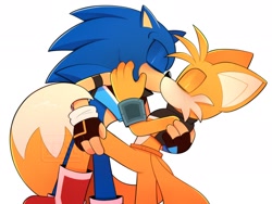 Size: 2048x1536 | Tagged: safe, artist:tetsuchibimori, miles "tails" prower, sonic the hedgehog, 2026, aged up, clothes, duo, eyes closed, gay, holding each other, kiss, shipping, simple background, sonic x tails, white background