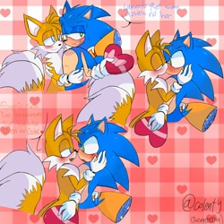 Size: 2048x2048 | Tagged: safe, artist:colenty, miles "tails" prower, sonic the hedgehog, 2026, age difference, blushing, bouquet, checkered background, chocolate box, dialogue, duo, gay, heart, holding something, holding them, hugging, kiss, lidded eyes, looking at each other, shipping, signature, smile, sonic x tails, spanish text, talking, text, valentine's day