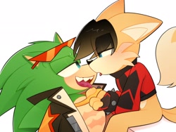 Size: 2048x1536 | Tagged: safe, artist:tetsuchibimori, miles (anti-mobius), scourge the hedgehog, 2026, after kiss, duo, eye clipping through hair, gay, grabbing, lidded eyes, looking at each other, scouriles, shipping, simple background, sitting, tongue out, white background