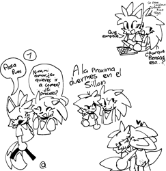 Size: 1021x1051 | Tagged: safe, artist:kaylee_axel77, miles "tails" prower, sonic the hedgehog, 2026, age difference, blushing, cute, dialogue, duo, gay, heart, hugging, hugging from behind, kiss, line art, monochrome, shipping, signature, simple background, smile, sonabetes, sonic x tails, spanish text, speech bubble, standing, tailabetes, talking, text, white background