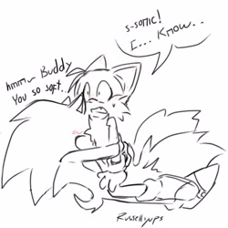 Size: 1600x1600 | Tagged: safe, artist:russellyups, miles "tails" prower, sonic the hedgehog, 2025, age difference, blushing, dialogue, duo, english text, gay, hugging, kneeling, line art, monochrome, mouth open, one fang, shipping, shrunken pupils, signature, simple background, sitting, sonic x tails, spot color, surprise hug, surprised, sweatdrop, text, white background