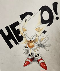 Size: 1720x2048 | Tagged: safe, artist:juniooneonone40, sonic the hedgehog, super sonic, 2026, alternate eye color, bleeding, bleeding from mouth, blood, classic sonic, english text, looking at viewer, reaching out, reaching towards the viewer, scuff mark, smile, solo, standing, super form, text, traditional media