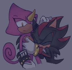 Size: 1167x1136 | Tagged: safe, artist:aleespace-art, espio the chameleon, shadow the hedgehog, 2026, comforting, duo, frown, gay, grey background, hand on head, hugging, lidded eyes, looking at them, shadpio, shipping, simple background, standing