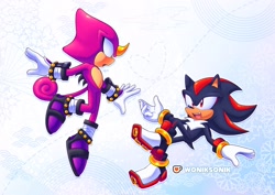 Size: 2048x1448 | Tagged: safe, artist:woniksonik, espio the chameleon, shadow the hedgehog, 2026, duo, gay, heart, looking at each other, mid-air, mouth open, one fang, open smile, outline, shadpio, shipping, smile