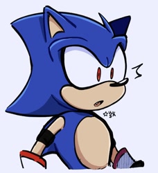 Size: 1244x1365 | Tagged: safe, artist:woniksonik, metal sonic, hedgehog, 2026, arm band, deroboticized, gloves, looking offscreen, mouth open, not sonic, one fang, shrunken pupils, simple background, solo, surprised, white background