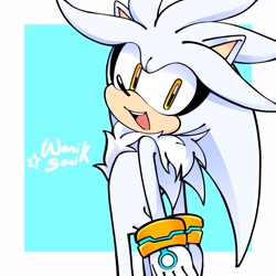 Size: 1250x1250 | Tagged: safe, artist:woniksonik, silver the hedgehog, cute, hands behind back, looking at viewer, looking back, looking back at viewer, mouth open, open smile, signature, silvabetes, smile, solo, standing
