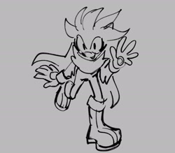 Size: 2048x1791 | Tagged: safe, artist:frostiios, silver the hedgehog, 2023, clenched teeth, eyelashes, grey background, greyscale, line art, looking offscreen, monochrome, simple background, smile, solo, standing, standing on one leg, waving