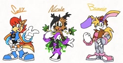 Size: 749x387 | Tagged: safe, artist:calebartboy15, bunnie rabbot, nicole the hololynx, sally acorn, 2022, character name, clenched fist, digital static, flat colors, fur markings, hand on hip, long tail, looking at viewer, mouth open, open smile, pointing, redesign, simple background, smile, standing, text, trio, white background