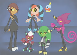 Size: 985x705 | Tagged: safe, artist:strawberrysquirrel, cheese (chao), chip, cream the rabbit, espio the chameleon, matilda the armadillo, princess elise, wisp, zeti, 2014, flat colors, frown, group, looking at viewer, smile, species swap, standing, zetified