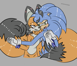 Size: 2048x1741 | Tagged: safe, oc, oc:monty the hedgehog, oc:tony the fox, fox, hedgehog, 2026, aged up, anonymous artist, blushing, duo, gay, grey background, hand on chest, holding hands, looking at each other, mobius.social exclusive, monty x tony, oc x oc, shipping, simple background, smile