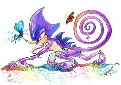 Size: 1024x719 | Tagged: safe, artist:alientiamat, espio the chameleon, all fours, bug, butterfly, crawling, looking ahead, looking offscreen, signature, simple background, solo, tongue out, white background