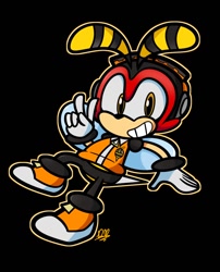 Size: 1034x1280 | Tagged: safe, artist:duckydeathly, charmy bee, bee, 2016, black background, looking at viewer, outline, signature, simple background, smile, smiling at viewer, solo, speedpaint available, speedpaint in description, v sign
