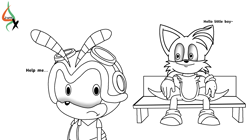 Size: 2048x1145 | Tagged: safe, artist:jamesy, charmy bee, miles "tails" prower, 2025, bench, bench tails, dialogue, duo, english text, frown, line art, looking at each other, looking at them, meme, monochrome, simple background, sitting, smile, standing, talking, text, this won't end well, white background