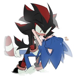 Size: 1120x1133 | Tagged: safe, artist:hanzcaty, shadow the hedgehog, sonic the hedgehog, 2025, cute, duo, gay, holding each other, mouth open, shadow x sonic, shipping, simple background, smile, white background