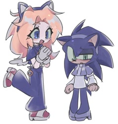 Size: 674x708 | Tagged: safe, artist:hanzcaty, maria robotnik, sonic the hedgehog, human, 2025, blushing, cosplay, cute, duo, hands together, looking at them, looking at viewer, mariabetes, mouth open, outfit swap, simple background, smile, sonabetes, standing, sweatdrop, white background