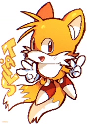 Size: 1022x1424 | Tagged: safe, artist:koasku, miles "tails" prower, 2022, blushing, character name, chibi, classic tails, english text, looking at viewer, mid-air, mouth open, open smile, pixel art, pointing, simple background, smile, solo, text, v sign, white background