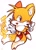 Size: 1022x1424 | Tagged: safe, artist:koasku, miles "tails" prower, 2022, blushing, character name, chibi, classic tails, english text, looking at viewer, mid-air, mouth open, open smile, pixel art, pointing, simple background, smile, solo, text, v sign, white background