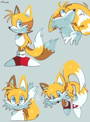Size: 1240x1679 | Tagged: safe, artist:koasku, miles "tails" prower, 2025, floppy ears, flying, frown, grey background, looking at viewer, looking down, looking offscreen, mid-air, simple background, smile, solo, spinning tails, standing, sweatdrop