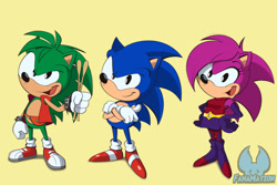 Size: 2160x1441 | Tagged: safe, artist:fanamationda, sonia the hedgehog, sonic the hedgehog, hedgehog, sonic underground, 2026, arms folded, brother and sister, brothers, drumstick, hands on hips, holding something, manic the hedgehog, mouth open, open smile, siblings, simple background, smile, standing, trio, yellow background