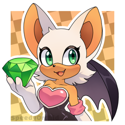 Size: 2048x2048 | Tagged: safe, artist:speedyorchid2, rouge the bat, 2026, chaos emerald, cute, eyelashes, holding something, mouth open, one fang, open smile, outline, rougabetes, signature, smile, solo, standing