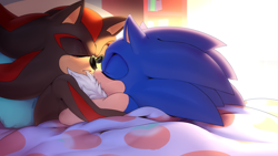Size: 2704x1520 | Tagged: safe, artist:krazyelf, shadow the hedgehog, sonic the hedgehog, 2025, bed, chest fluff, cuddling, cute, duo, eyes closed, gay, indoors, lying down, lying on front, lying on them, pillow, shadow x sonic, shipping, sleeping