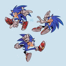 Size: 2048x2048 | Tagged: safe, artist:federica_m_d, sonic the hedgehog, 2026, adventure pose, blue background, mid-air, posing, redraw, signature, simple background, smile, solo, treads