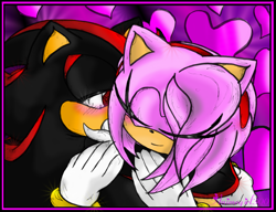 Size: 2232x1716 | Tagged: safe, artist:animegirl300, amy rose, shadow the hedgehog, hedgehog, 2011, absurd res, age difference, amy x shadow, blushing, border, duo, eye clipping through hair, eyes closed, hair over one eye, heart, hugging, looking at them, shipping, signature, smile, straight