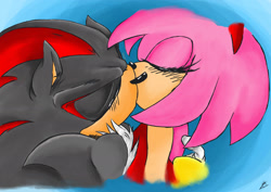 Size: 1754x1240 | Tagged: safe, artist:aimy_neko, artist:rockgothicgirl, editor:rockgothicgirl, amy rose, shadow the hedgehog, 2014, age difference, amy x shadow, color edit, duo, eyes closed, gradient background, kiss, shipping, signature, straight